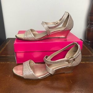 Gold sparkly ankle strap low wedge sandals